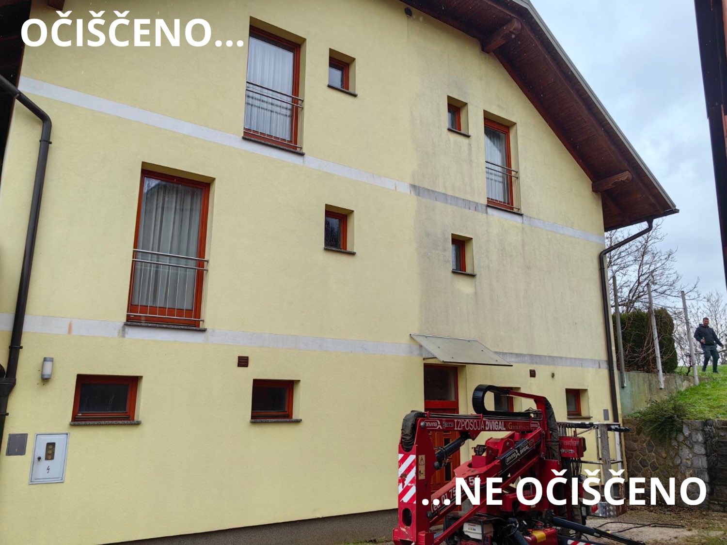 Fasada hiše, očiščen in neočiščen del