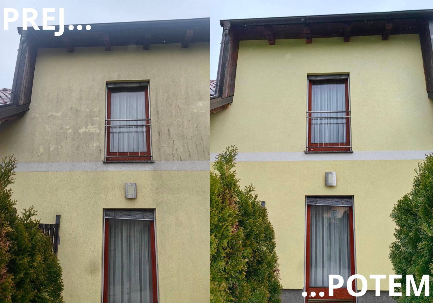 Rumena fasada z algami pred in po čiščenju