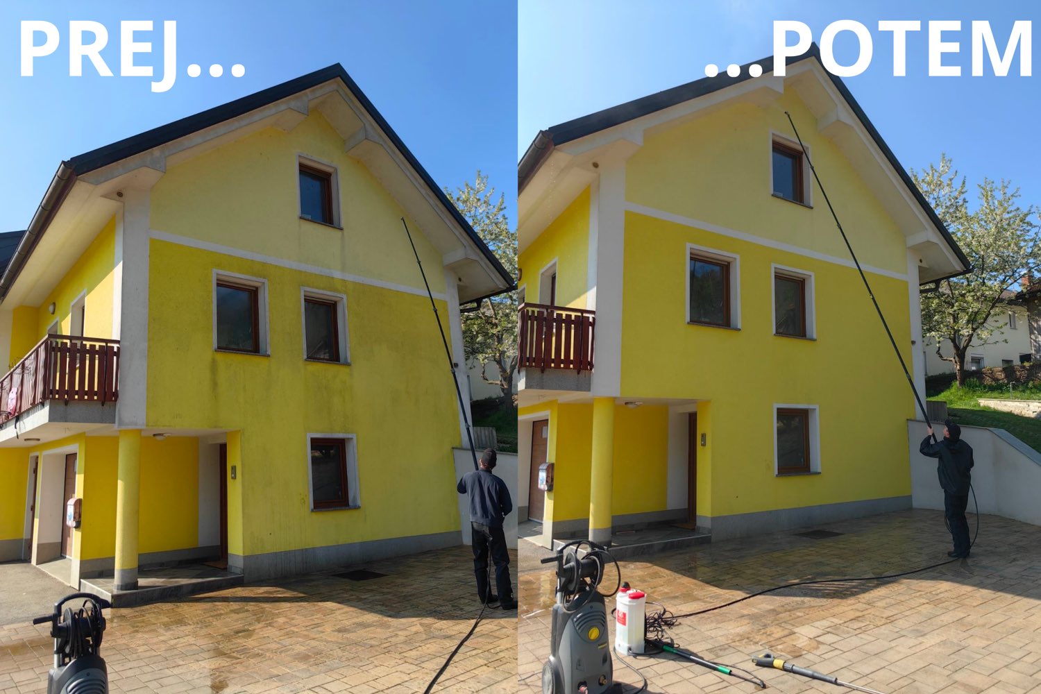 Rumena hiša med in po čiščenju fasade