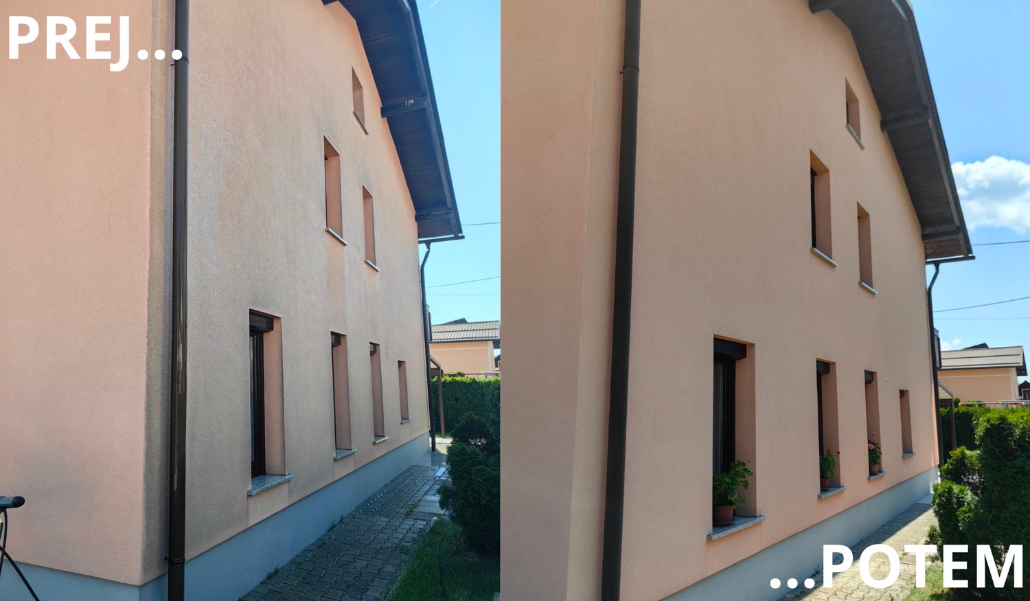 Daljša stanovanjska hiša pred in po čiščenju fasade